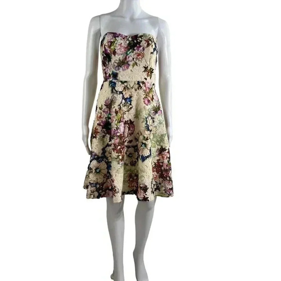 Davids Bridal Womens Strapless Dress 4 Floral Lace Fit & Flare Tea Garden Length - Picture 1 of 16